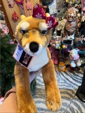 Brown and White Plush Dog Stuffed Animal with Festive Bow - Brand: